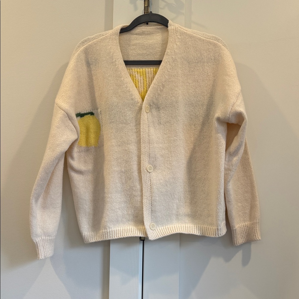 Cream Knit Cardigan with Yellow Lemon Accent